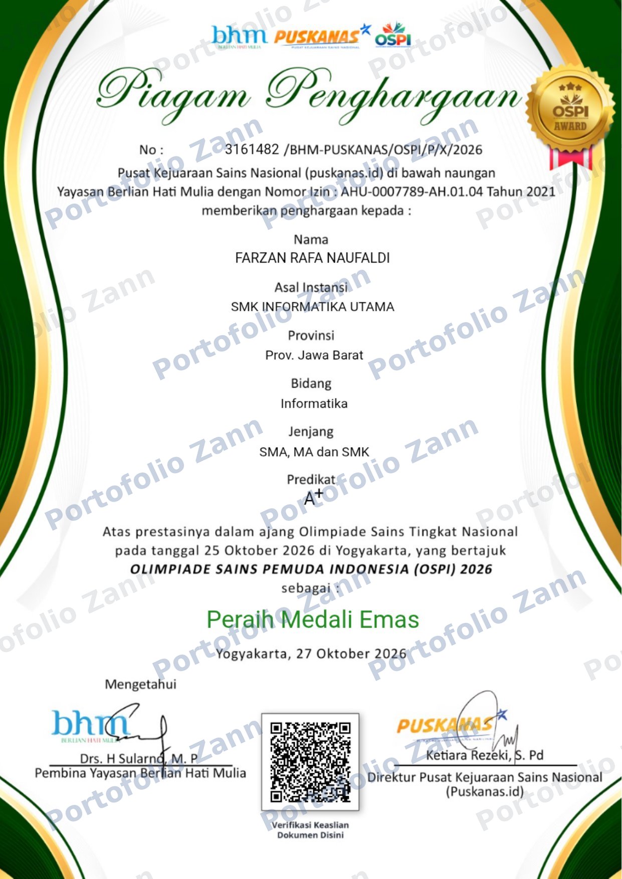 Piagam penghargaan Medali Emas OSPI 2026 bidang Informatika
